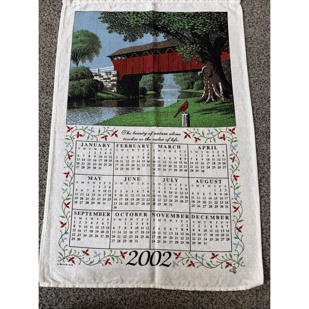 Vintage Linen Calendar 2002 Red Covered Bridge Cardinal
